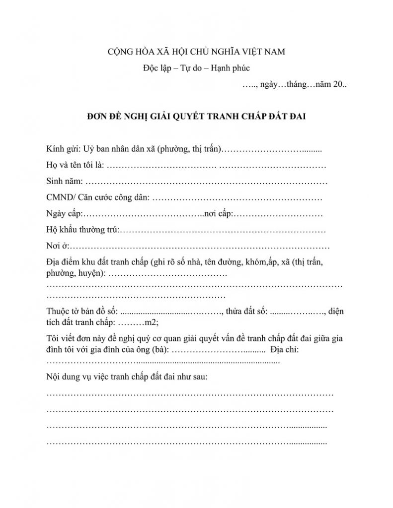 Thông tin về mẫu đơn đề nghị giải quyết tranh chấp đất