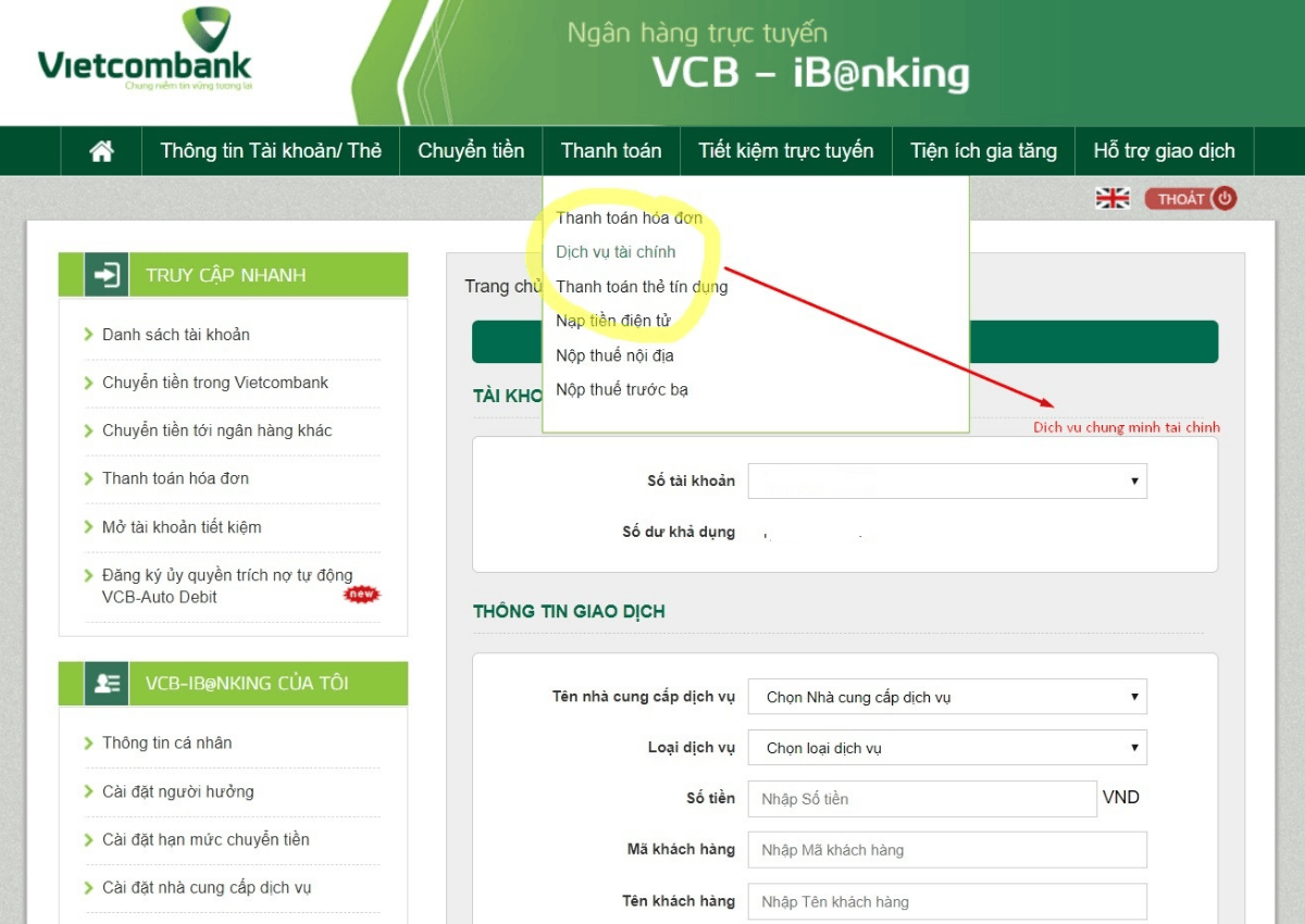 Dịch vụ chứng minh tài chính Vietcombank trực tuyến