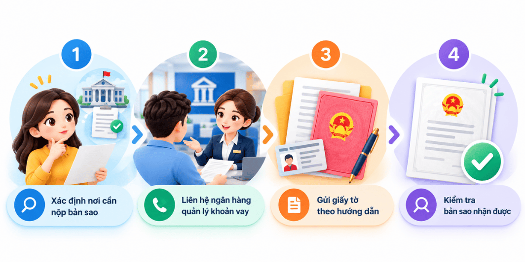 Hình minh họa các bước xin bản sao sổ đỏ đang thế chấp tại ngân hàng