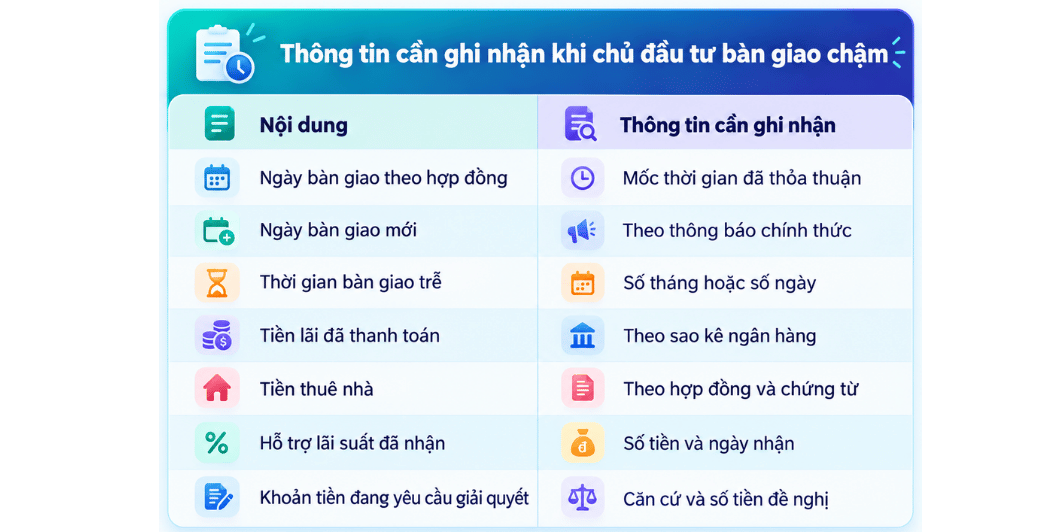 Thông tin cần ghi nhận khi chủ đầu tư bàn giao chậm